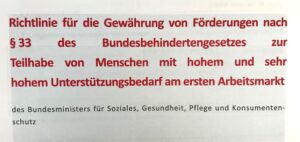 Richtlinie für die Gewährung von Förderungen nach §33 des Bundesbehindertengesetzes zur Teilhabe von Menschen mit hohem und sehr hohem Unterstützungsbedarf am ersten Arbeitsmarkt